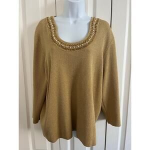 Cable & Gauge Gold Metallic Knit Faux Pearls gold bead embellished neckline top